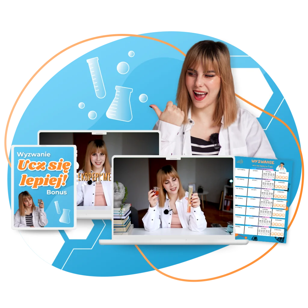 Grafika promocyjna przedstawiająca młodą kobietę w laboratorium, która uśmiecha się i trzyma dwie kolby. Wokół niej rozmieszczone są różne elementy graficzne, w tym zdjęcie z wyzwaniem "Ucz się lepiej!", laptop z prezentacją oraz tablet z napisem "Wyzwanie: Ucz się lepiej".