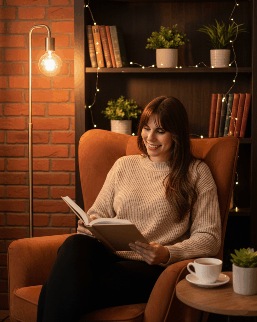 Obraz przedstawia uśmiechniętą kobietę siedzącą w wygodnym fotelu i czytającą książkę. W tle widać regał z książkami, roślinami doniczkowymi i światełkami. Obok fotela stoi stolik z kubkiem herbaty.